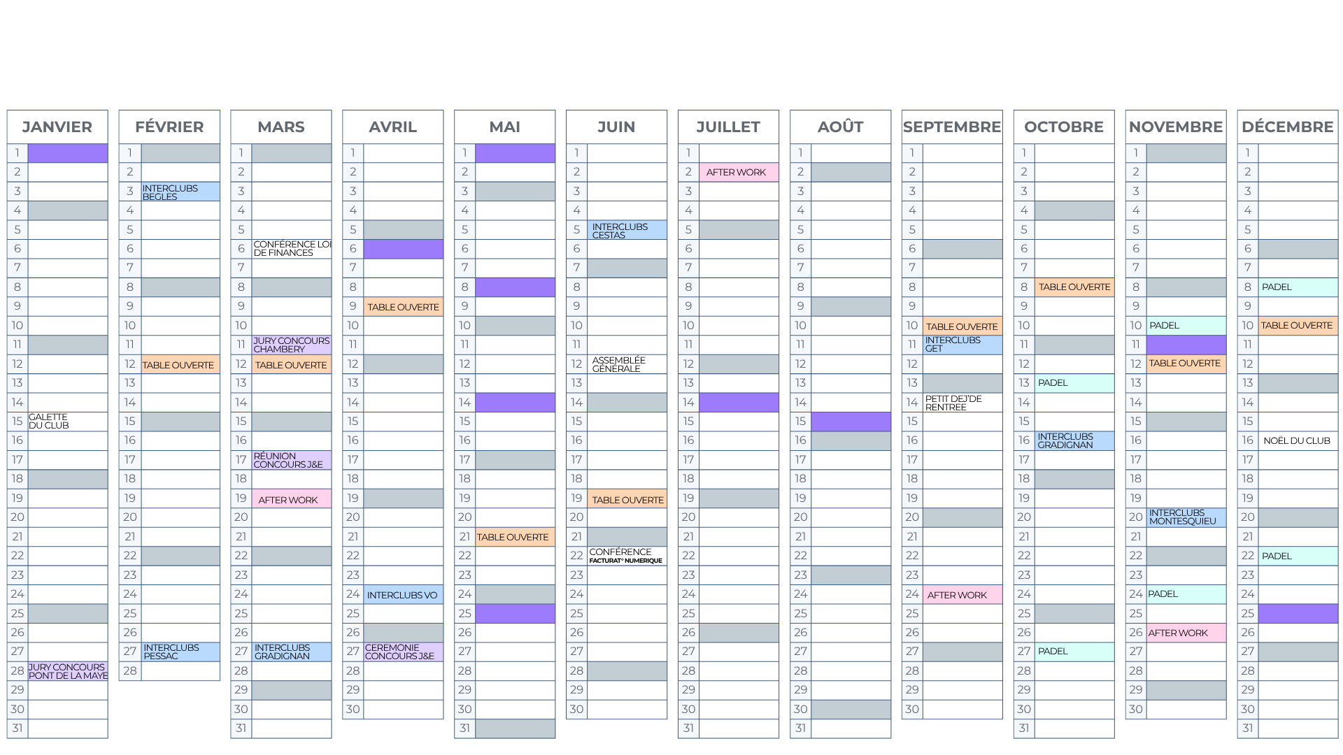 calendrier du club d'entreprises de villenave d'ornon : afterwork, petit dej, atelier, formation